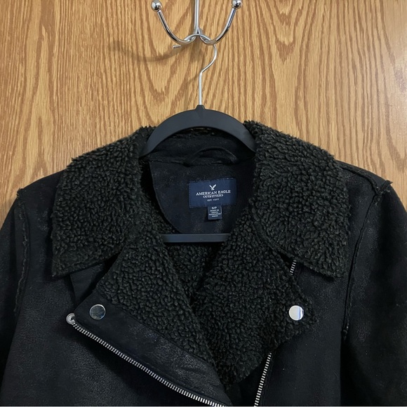 American Eagle Outfitters Black Motorcycle Jacket with Fleece Collar S/P - Picture 2 of 8